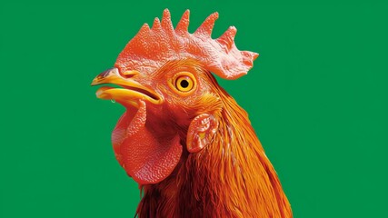 Vibrant rooster with striking orange feathers and detailed textures, showcasing a dynamic expression while positioned against a vivid green background, capturing the essence of avian beauty and charac