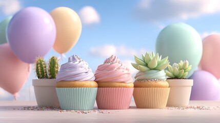 A sweet celebration of pastel dreams with cupcakes succulents and balloons for a whimsical spring party against a sunny