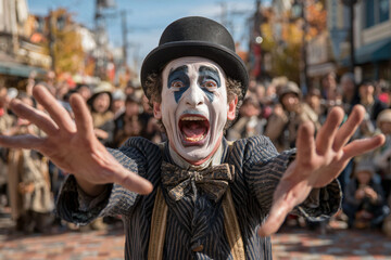 Obraz premium A mime artist performing at the Daidogei World Cup in Shizuoka. Dressed in classic black and white costume with expressive face paint.
