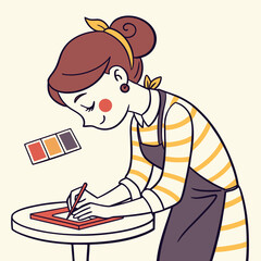 An artistic woman drawing at a table using color palette