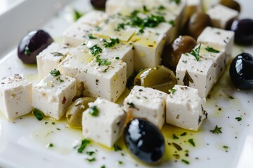 Marinated feta with olives on plate. AI generated