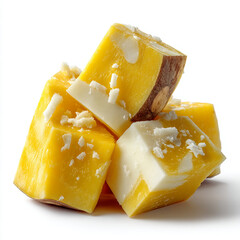 A close up shot of a pile of diced yellow and white root vegetables with white specks on top