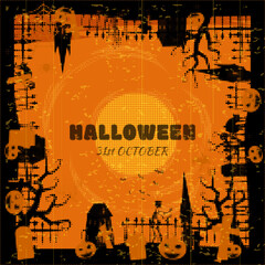 Happy Halloween party poster scary dark castle, skeleton, cross, grave, Moon, pumpkins, bats, silhouette