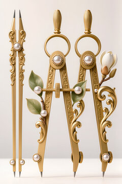 Creative gold compass set adorned with floral elements and pearls