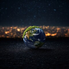 Earth with Green Vegetation on Dark Background at Nighttime