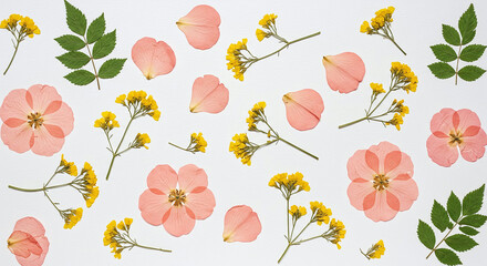 Lively Floral Foliage Pattern Pink Flowers Yellow Blooms Green
