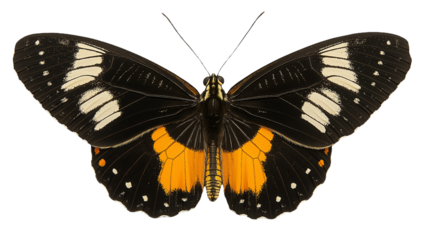 Black and orange butterfly with white spots on wings isolated on transparent background PNG