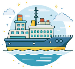 Fototapeta premium Cartoon cruise ship sailing on blue sea with clouds and stars, vector illustration