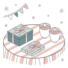 Vector art of festive celebration illustration featuring gifts, hot chocolate, and decorations on a table for a birthday or holiday event