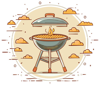 Illustration of a grill with fire and clouds, summer picnic theme