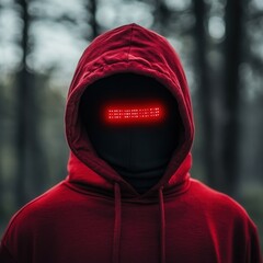 Mysterious Figure in Forest with Red LED Eyes at Dusk