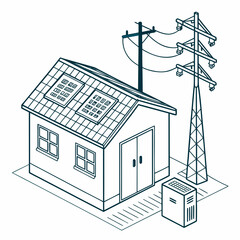 Vector art of isometric illustration of a small house with solar panels on the roof, connected to a power pole and a transformer, renewable energy concept