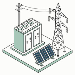 Vector art of isometric illustration of a power grid setup combining solar energy and traditional electricity transmission, showcasing sustainable energy solutions and modern infrastructure