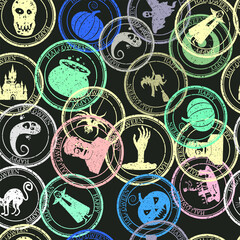 Seamless pattern Halloween old postage stamps, postal vintage