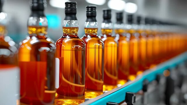 Bottles of amber liquid moving along a production line, showcasing the continuous flow of the bottling process in a modern manufacturing facility with vibrant colors and dynamic lighting