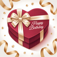 Luxurious red heart-shaped birthday gift box tied with a satin golden bow and festive falling confetti on a light background.