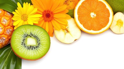 Tropical fruit, flowers, white background, healthy food, website banner