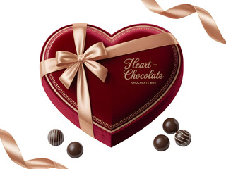 Luxurious heart shaped burgundy chocolate gift box wrapped in a shiny gold ribbon for Valentines Day or anniversary celebrations