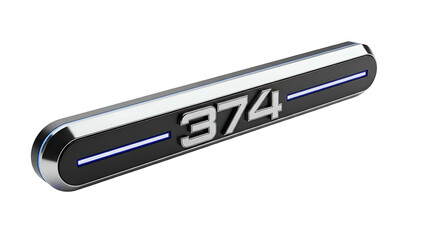 Rectangular plaque with '374' glows blue on a black background