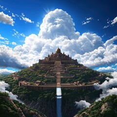 Majestic Fantasy Landscape with Mountain Palace and Waterfall