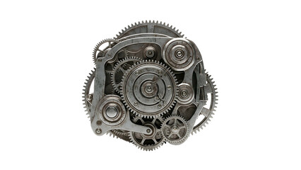 Complex mechanical system with gears, metal, and black background