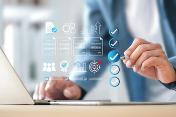 Document management concept , Businessmen check electronic documents approval and quality control online compare statistical data .