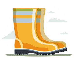 Naklejka premium Bright yellow rubber rain boots with colorful stripes for wet weather protection