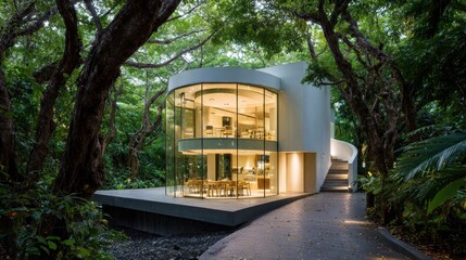 Modern architectural design of a glass house nestled among lush greenery, showcasing a seamless blend of nature and contemporary living in a serene environment.