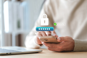 Cyber security login interface concept , Businessman using mobile phone to log in securely with user interface screen data protection, privacy, authentication, and online security.
