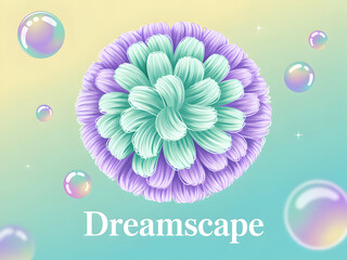 Pastel dreamscape illustration featuring a fluffy pompom flower surrounded by iridescent holographic bubbles and soft gradients