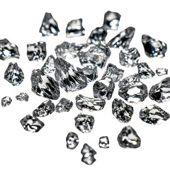 Transparent glass chunks floating against transparent background