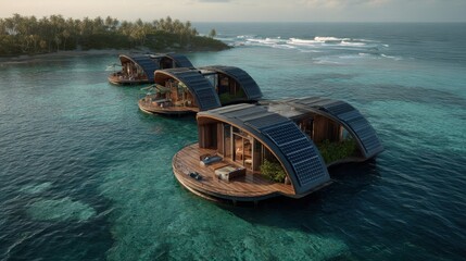 Stunning Aerial View of Eco-Friendly Floating Villas Surrounded by Clear Blue Ocean in a Tropical Paradise with Lush Greenery and Modern Design Elements
