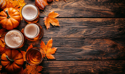 Autumn celebration pumpkin beer tasting event rustic setting beverage photography cozy atmosphere top-down view seasonal delights
