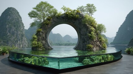 Serene Nature Scene Featuring a Circular Stone Structure Surrounded by Lush Greenery and Peaceful Water Amidst Majestic Mountains and Clear Skies