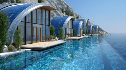 Modern architectural design of eco-friendly villas with solar panels overlooking a serene blue ocean and mountains in the background, showcasing luxury living in harmony with nature.