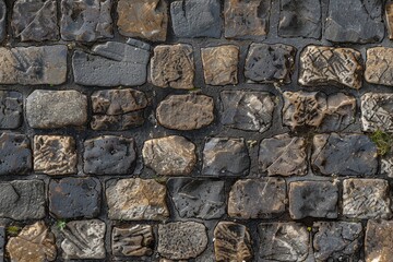 Photo of European cobble stone paving surface. Background texture for backdrops or mapping