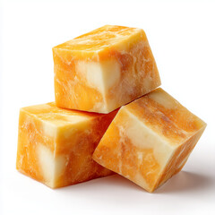 A close up shot of a stack of three cubed marble cheese pieces on a white background in bright lighting