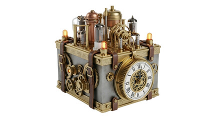 Ornate steampunk clockwork device with glowing bulbs & gears