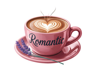 Pink porcelain coffee cup and saucer with heart latte art, Romantic text, and lavender sprigs, isolated object.