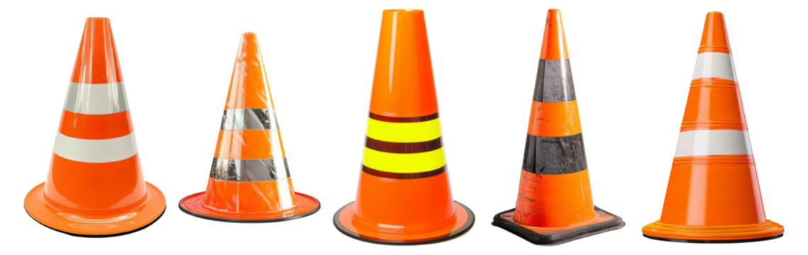Collection of Traffic Cones in Various Designs and Styles, Isolated on Transparent, white background