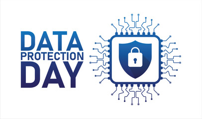 Data Protection Day Graphic – Cybersecurity Shield and Microchip Icon for Digital Safety Awareness. Vector web banner, background, poster, postcard, template design.