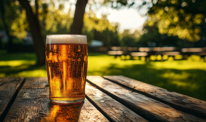 A cold pint of beer sits on a wooden table outdoors in a sunlit park or beer garden.