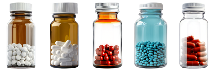Bottles with Various Pills and Capsules for Health and Medicine Use, Isolated on Transparent, white background