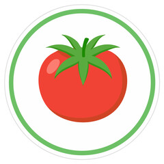 Stylized Tomato illustration in a decorative circular border, red fresh fruit icon with green leaves and simple design