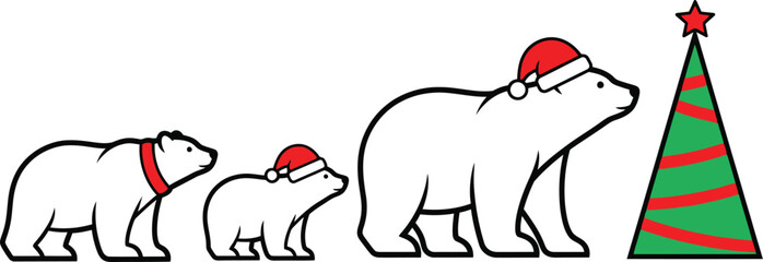 A family of polar bears celebrating christmas with a christmas tree editable stock