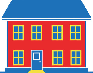Illustration of a two story house with a blue roof and red walls editable stock