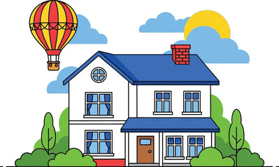 Cartoon house with balloon clouds and sun on a white background editable stock