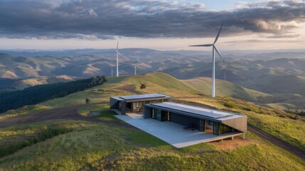 Modern eco-friendly house on a hilltop surrounded by wind turbines and mountains, showcasing sustainable architecture and stunning nature landscape at sunrise