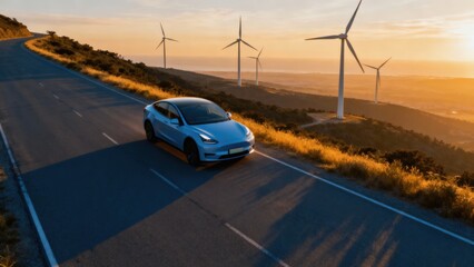 An electric car drives along the road against the backdrop of Wind power plants. A car driving along a scenic road with wind turbines at sunset.