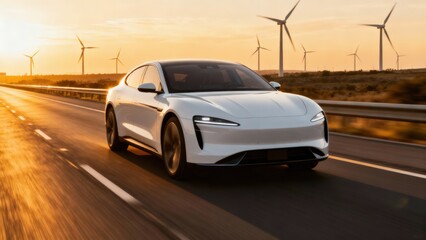 An electric car drives along the road against the backdrop of Wind power plants. Sleek car driving on a highway with wind turbines in the background.